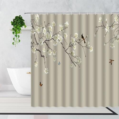 Chinese Style Flower And Bird Landscape Shower Curtains Simple Art Watercolor Screen Bathroom Decorative Bath Curtain With Hooks