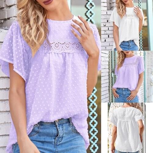 Womens New Chiffon Jacquard Wool Ball Short Sleeve Hollow Lace Vest Shirt