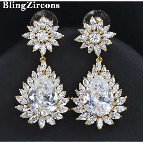 BeaQueen Yellow Gold Color Big Pear Drop Marquise Cut CZ Crystal Bridal Wedding Earrings For Women Costume Jewelry E036