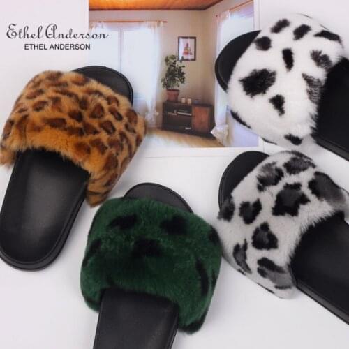 Ethel Anderson Genuine Rex Rabbit Fur Slippers Summer Special Leopard Slides Good Quality Slip on Flats Fur Shoes
