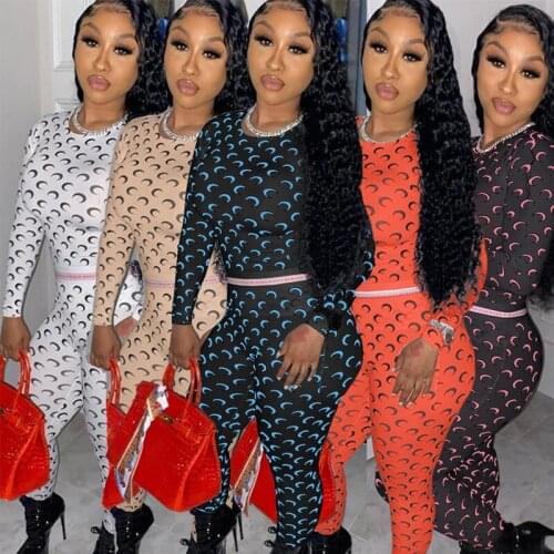 ZOOEFFBB Two Piece Set Women Long Sleeve Crop Top and Pants Bodycon Streetwear Cute Partern Print Sets Womens Outfits