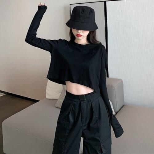 Autumn New Woman Tshirts Short Open Navel High Waist Crop Top Women Popular Black Loose Long Sleeve Shirt T-shirt Super Hot