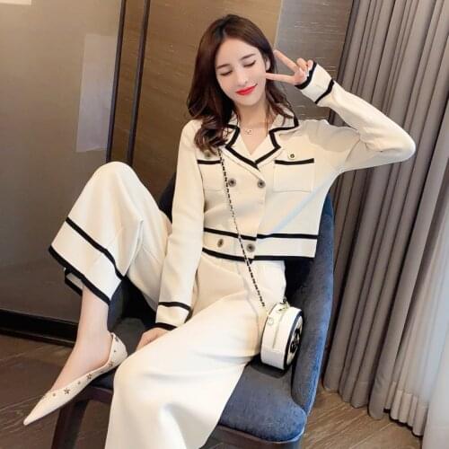 Women Long-sleeved Knitted Pant Suits Spring Autumn 2021 Fashion Elegant Temperament Ladies Sweater Two Piece Set Ensemble Femme