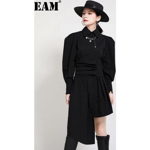[EAM] Women Belt Irregular Ruffles Spliced Black Dress New Lapel Long Sleeve Loose Fashion Tide Spring Autumn 2021 1DD5193