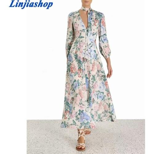 Spring Summer women dress loose v neck za rayon high waist floral print long dress with sashes femme vestidos