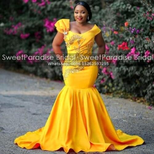 2020 Beads Crystal Gold Yellow Satin Evening Dress Mermaid Long Sweep Train Scoop Neck Women Formal Prom Dresses Vestidos