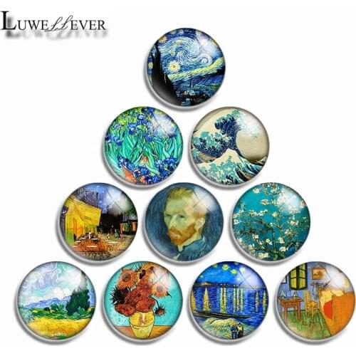 12mm 10mm 16mm 20mm 25mm 30mm 555 Gogh Painting Mix Round Glass Cabochon Jewelry Finding 18mm Snap Button Charm Bracelet