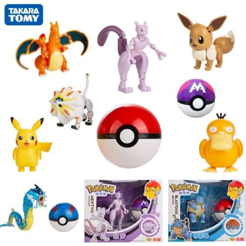 Genuine 10 Styles Pokemon Anime Figure Pikachu Venusau Charizard Psyduck Eevee Pocket Monster Pokeball DeformationToysModel Gift