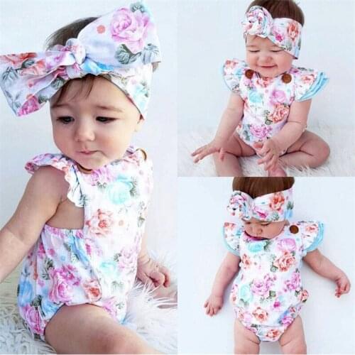2Pcs/Set Children Summer Clothing Sleeveless Printed Bodysuit Headband Jumpsuit Playsuit Outfit Newborn Infant Baby Girl Clothes