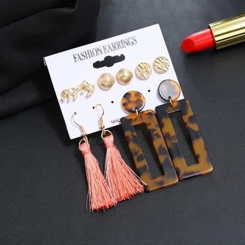 2021 Vintage Geometric Elephant Button Ear Pin Tassel Square Pendant Earrings For Women Multilevel Fashion Gold Jewelry Gift
