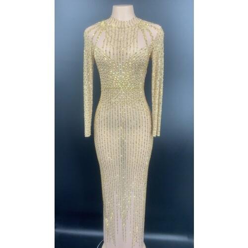 6 Colors Gold Rhinestones Transparent Long Dress Birthday Celebrate Mesh Outfit Bar Prom Show Women Dancer Dresses