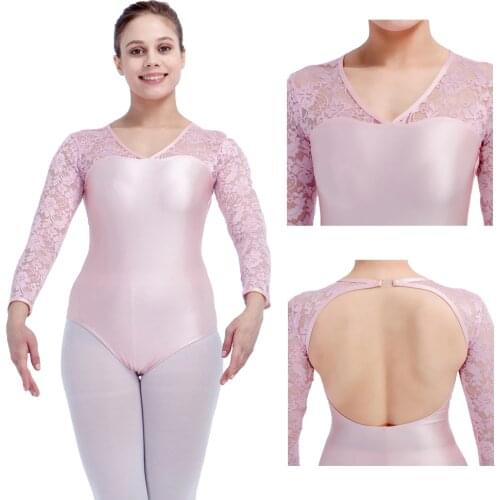 Pale Pink NylonLycra Lace Long Sleeve Ballet Leotard Girls Dancewear Black Women Dancing Bodysuit
