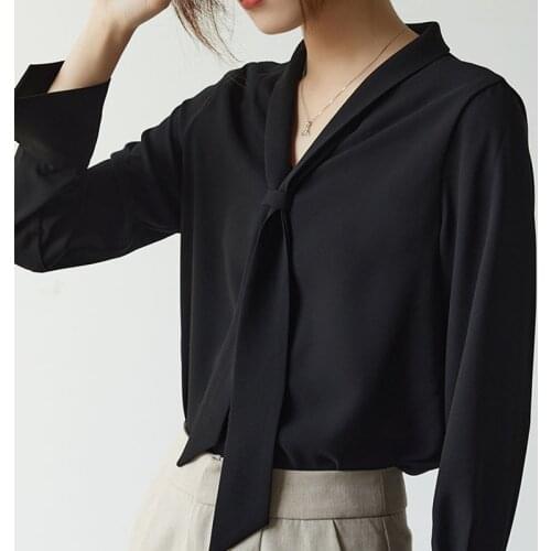 Blusas Mujer De Moda 2021 Chiffon Womens French Elegant Fashion Black Long Sleeve Shirt V-neck Blusas Female Bow Simple 1042