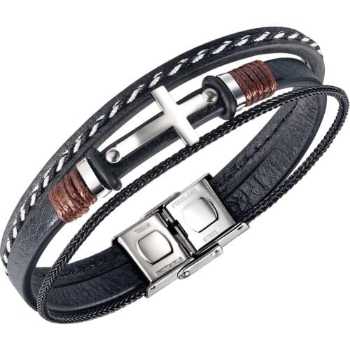 Cyue European Men Boy Braided Multi-layer Leather Bracelet Cross Charm Stainless Steel Button Wristband ZYLB0185