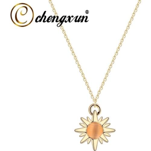 CHENGXUN Trendy Sun Flower Pendant Necklaces for Women Girls Gold Orange Stone Handmade Jewelry Accessories Wedding Collier