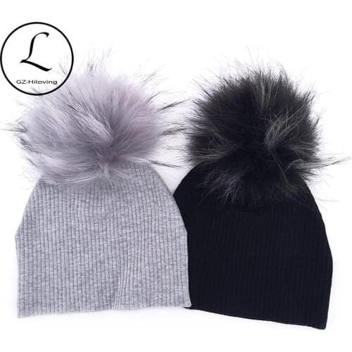 GZhilovingL Soft Ribbed Cotton Beanies Hats With Faux Fur pompom For Newborn Baby Girls Boys Autumn Winter Kids Baby Hats