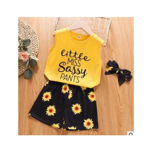 Girls Clothes Set Flying Sleeve/Sleeveless O-neck T-shirt+Sunflower Print Short Pants+Bow-knot Headband