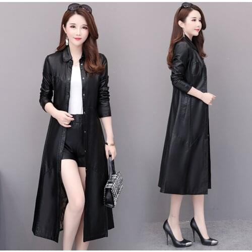 New autumn Women Leather Jacket Long pu Leather Coat slim Fashion punk Female Motorcycle Clothing faux leather coat spring 5XL