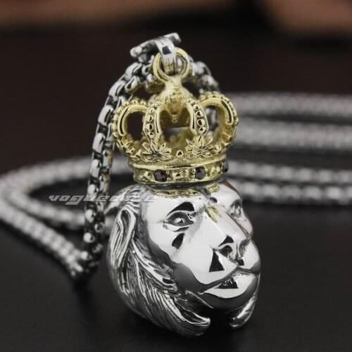 LINSION Brass Crown 925 Sterling Silver Guardians King Lion Mens Biker Rock Punk Pendant 8P005