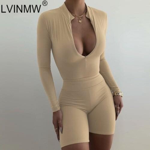 LVINMW Solid Skinny Slim Basic Sports Casual Women Two Piece Set Front Zipper Fly Long Sleeve Bodysuit Elastic High Waist Shorts