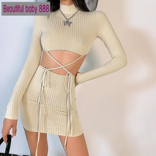 Meqeiss Sexy Bandage Hollow Out Knitted Solid Crop Tops mini Skirts 2Two pieces sets Women Long Sleeve skinny autumn casual suit