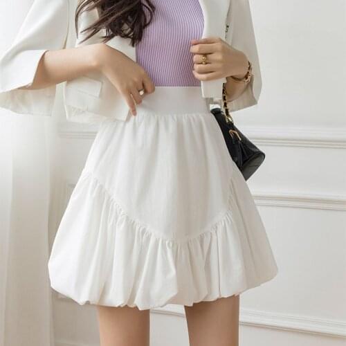 Womens Summer New Mini Skirt A Line High Waist Slim Thin Loose Casual Skirts Female Solid Basic Asymmetrical Folds Skirts Femme