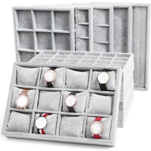 Fashion Ice Grey Velvet Jewelry Tray Jewelllery Storage Box Watch Holder Necklace Ring Earrings Pendant Display Organizer Series