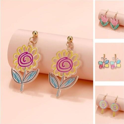 Cartoon Hand Drawn Earrings Flower Butterfly Lollipop Cute Summer Earrings Women Girl Fashion Acrylic Resin Jewelry Girls Gifts