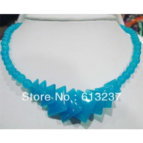 Natural stone dyed blue chalcedony jades 6mm round beads 12-18mm square pendant chain tower necklace for women 18inch MY5198