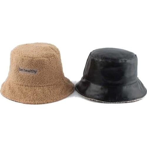 Reversible Faux Fur Bucket Hat Warm Winter Hats For Women Leather Fishing Cap Bob Panama Outdoor Letter Embroidery Fisherman Hat