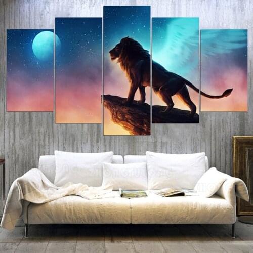 Canvas HD Prints Posters Home Decor 5 Pieces Lion On The Cliff Painting Modular Living Room Wall Art Animal Pictures Framework