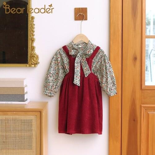 Bear Leader Girls Flowers Dress New Fashion Kids Autumn Casual Dresses Floral Bowtie Costumes Children Party Outfits 2-6 Years