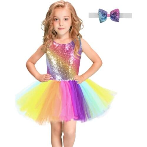 Rainbow Sequins Tutu Dress for Kids Fashion Backless Sleeveless Tulle Dress Girls Clothes Colorful Children Girl Party Dress 2-8