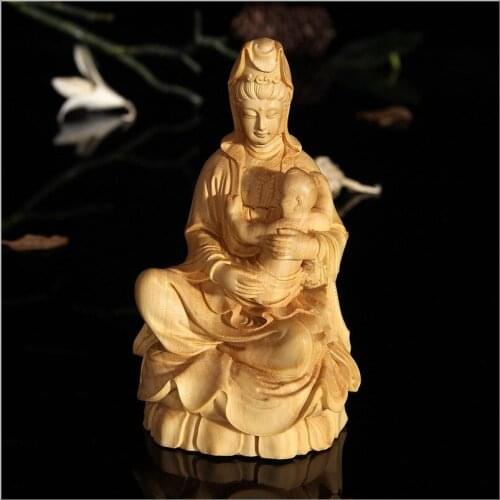Wood carving loving mother and son home decoration desktop ornaments.Songzi Guanyin