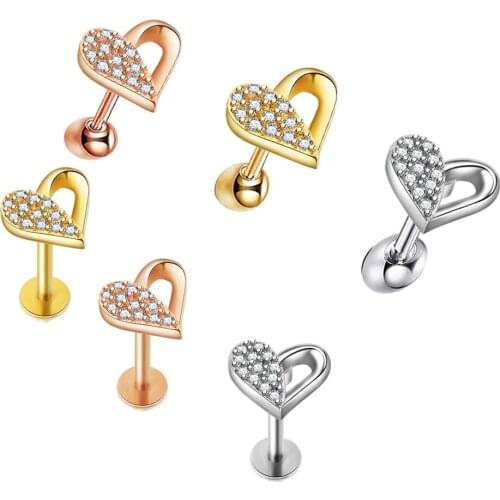 1Pcs Heart Zircon Gem Labret Lip Stud Ring Earring 16G Ear THelix Lip Piercing Flat Ring Cartilage Tragus Pircing