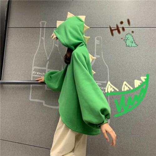 Cute little dinosaur hooded hoodie female design sense minority autumn and winter add velvet thick Korean version loose and lazy