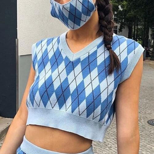 Argyle Plaid Knitted Tank Top Women Sweater Vest England Preppy Style Y2K Clothing V Neck 90s Cropped Knitwear Fall