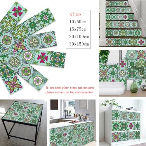 Green Color Strip Floral Ornament Ceramic Tiles Wall Sticker Kitchen Wardrobe Drawer Stairs Decoration Wallpaper Art Wall Decals