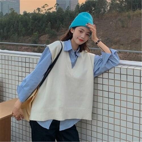 Knitting Sweater Vest Women Sleeveless V-neck Soild Autumn And Winter New Korean Loose Wild Casual Pink Knitted Womens Jumper