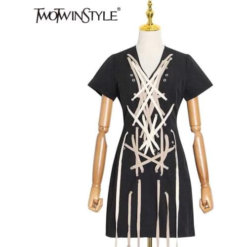 TWOTWINSTYLE Drawstring Cross Bandage Dress For Women V Neck Short Sleeve High Waist Mini Dresses Female 2020 Summer Fashion New
