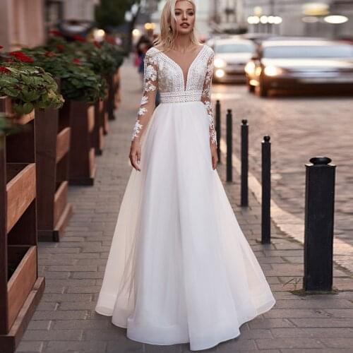 2021 ADLN Sheer Neck Lace Wedding Dresses Long Sleeves A-line Bridal Gown Boho Bride Dress Vestido de Novia