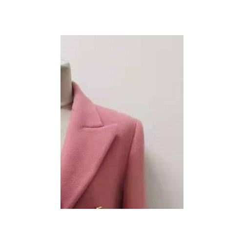 Women Pink Woolen Coat Lady Notched Long Sleeve Winter Warm Double-Breasted Jacket Top Female Outwear with Pockets