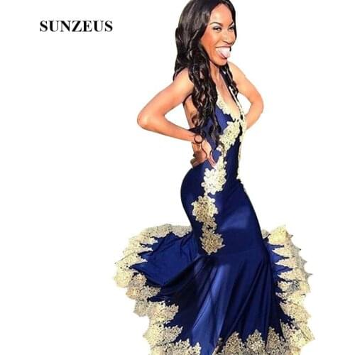 Long Dresses For Prom Mermaid Royal Blue Party Dress With Yellow Lace Appliques Halter Neck Women Gowns Vestidos Cerimonia