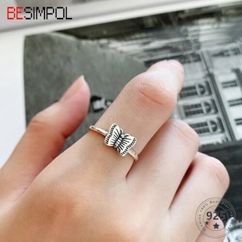 Besimpol Real 925 Sterling Silver Ring French Style Vintage Small Butterfly Open Rings For Women Luxury Fashion Fine Jewelry