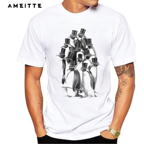 2019 AMEITTE Funny Gentlemen Penguins T-Shirt Mens Hipster White Short Sleeve Tee Shirts Summer Popular Streetwear Tops