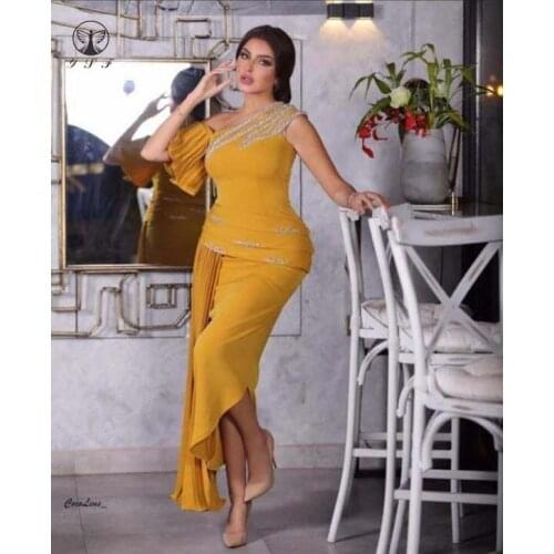 2021 Fashion One Shoulder Short Sleeve Beaded Pleated Mermaid Tea Length Prom Dresses