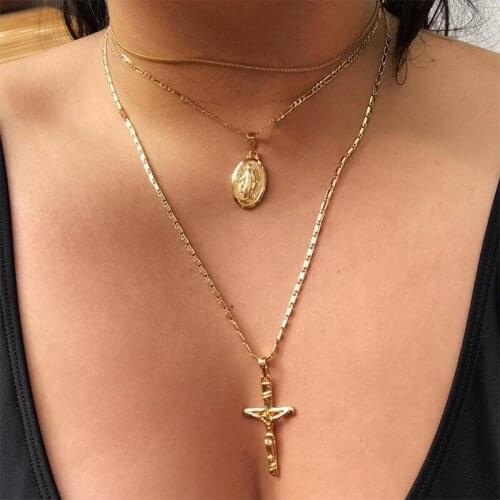 3 Pcs/Set Female Necklaces Vintage Virgin Mary Cross Pendant Multilayer Gold Necklace Set Bohemian Lady Exquisite Prom Jewelry