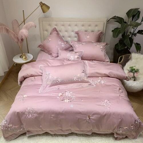 4/7pcs 800TC Egyptian cotton pink flowers embroidery Bedding Set Duvet Cover set Pillowcase comforter bedclothes bed linen