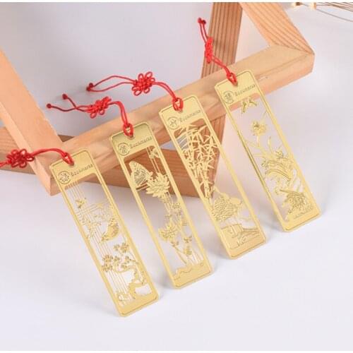 4pc Creativity Plum Blossom Orchid Bookmark Cute Bamboo Brass Exquisite Book Mark Page Folder Office School Supplies Stationery