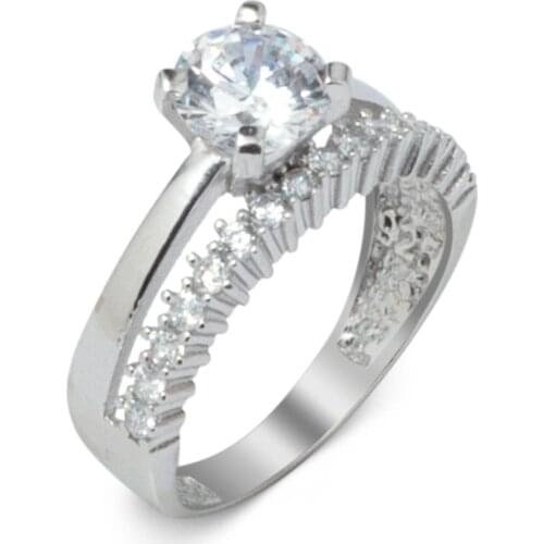 925 Sterling Silver Solitaire Ring with Signle Line Half Round Zircon Stone